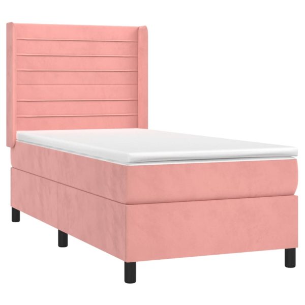 Pat box spring cu saltea, roz, 90×190 cm, catifea