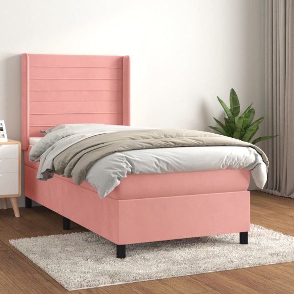 Pat box spring cu saltea, roz, 90×190 cm, catifea