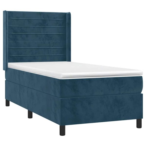 Pat box spring cu saltea, albastru închis, 90×200 cm, catifea