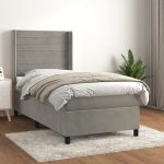Pat box spring cu saltea, gri deschis, 100×200 cm, catifea