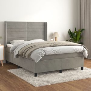 Pat box spring cu saltea, gri deschis, 140×190 cm, catifea