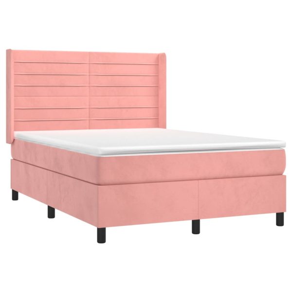 Pat box spring cu saltea, roz, 140×190 cm, catifea