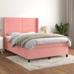 Pat box spring cu saltea, roz, 140×190 cm, catifea