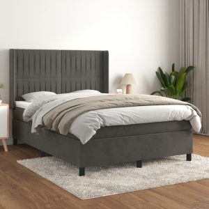 Pat box spring cu saltea, gri închis, 140×190 cm, catifea