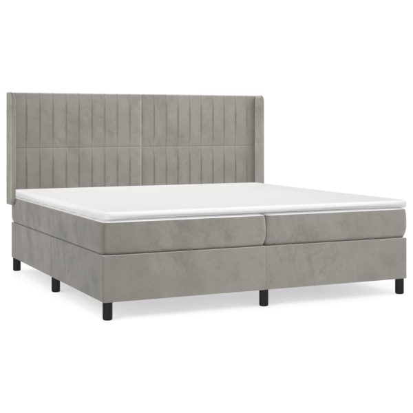 Pat box spring cu saltea, gri deschis, 200×200 cm, catifea