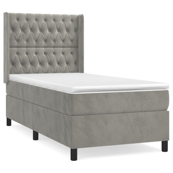Pat box spring cu saltea, gri deschis, 90×190 cm, catifea