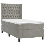 Pat box spring cu saltea, gri deschis, 90×190 cm, catifea