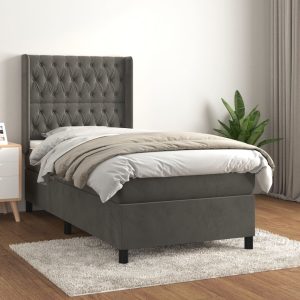 Pat box spring cu saltea, gri închis, 100×200 cm, catifea