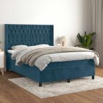 Pat box spring cu saltea, albastru închis, 140×190 cm, catifea