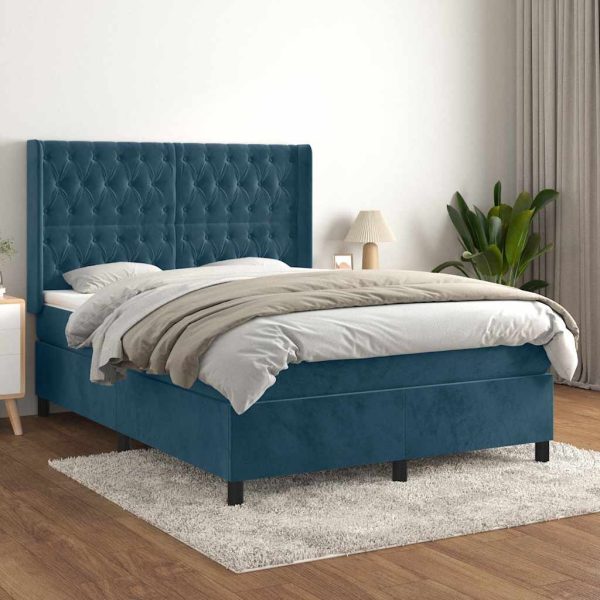 Pat box spring cu saltea, albastru închis, 140×190 cm, catifea