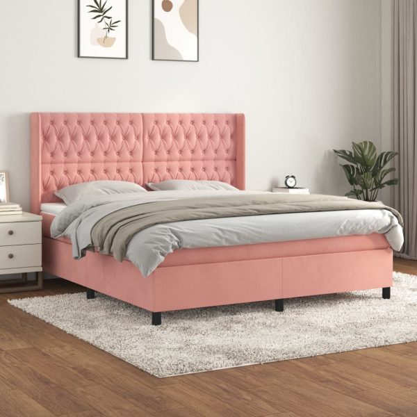 Pat box spring cu saltea, roz, 180×200 cm, catifea
