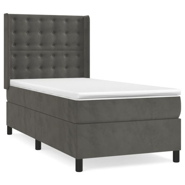Pat box spring cu saltea, gri închis, 90×190 cm, catifea