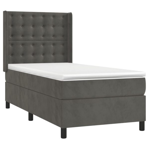 Pat box spring cu saltea, gri închis, 90×190 cm, catifea