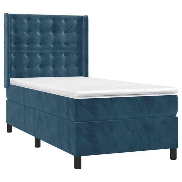 Pat box spring cu saltea, albastru închis, 90×200 cm, catifea