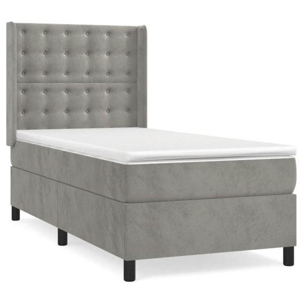 Pat box spring cu saltea, gri deschis, 100×200 cm, catifea