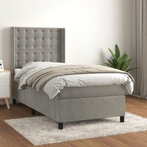 Pat box spring cu saltea, gri deschis, 100×200 cm, catifea