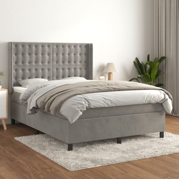 Pat box spring cu saltea, gri deschis, 140×190 cm, catifea