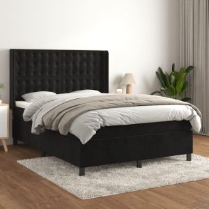 Pat box spring cu saltea, negru, 140×190 cm, catifea