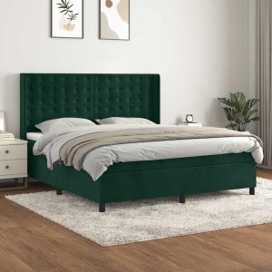 Pat box spring cu saltea, verde închis, 180×200 cm, catifea