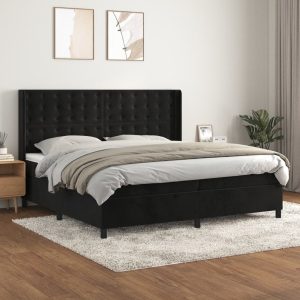 Pat box spring cu saltea, negru, 200×200 cm, catifea