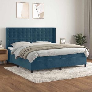 Pat box spring cu saltea, albastru închis, 200×200 cm, catifea