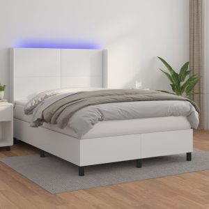 Pat cu arcuri, cu saltea și LED, alb, 140×190 cm, piele eco