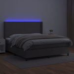 Pat cu arcuri, cu saltea și LED, gri, 180×200 cm, piele eco