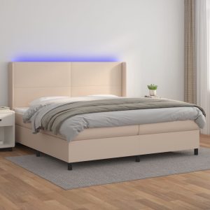 Pat cu arcuri, saltea și LED, cappuccino, 200×200 cm, piele eco