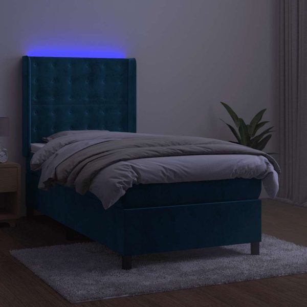 Pat cu arcuri, saltea&LED, albastru închis, 80×200 cm, catifea