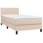 Pat cu arcuri, cu saltea și LED, cappuccino 90×200 cm piele eco