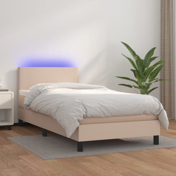 Pat cu arcuri, cu saltea și LED, cappuccino 90×200 cm piele eco