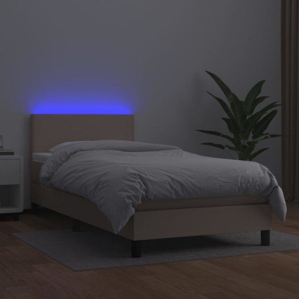 Pat cu arcuri, cu saltea și LED cappuccino 100×200 cm piele eco
