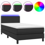 Pat cu arcuri, saltea și LED, negru, 90×200 cm, piele ecologică