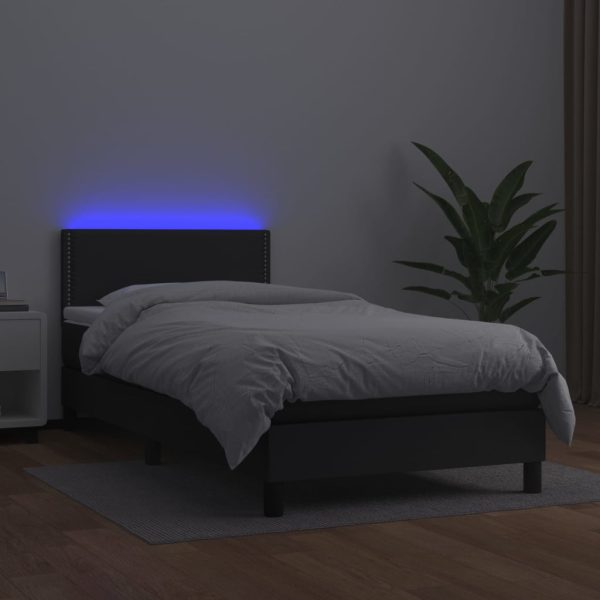Pat cu arcuri, saltea și LED, negru, 90×200 cm, piele ecologică