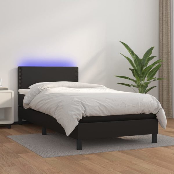 Pat cu arcuri, saltea și LED, negru, 90×200 cm, piele ecologică
