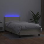 Pat cu arcuri, saltea și LED, crem, 90×200 cm, piele ecologică