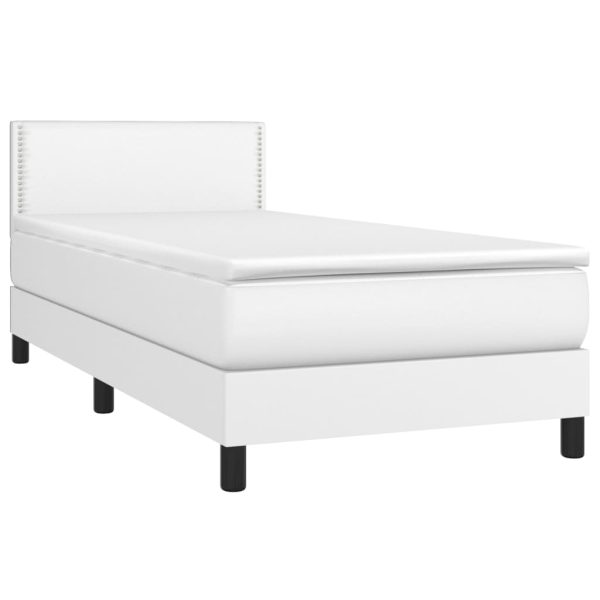 Pat cu arcuri, saltea și LED, alb, 100×200 cm, piele ecologică