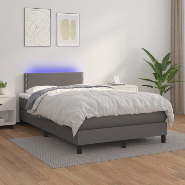 Pat cu arcuri, saltea și LED, gri, 120×200 cm, piele ecologică