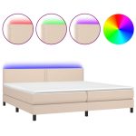 Pat cu arcuri, cu saltea și LED cappuccino 200×200 cm piele eco