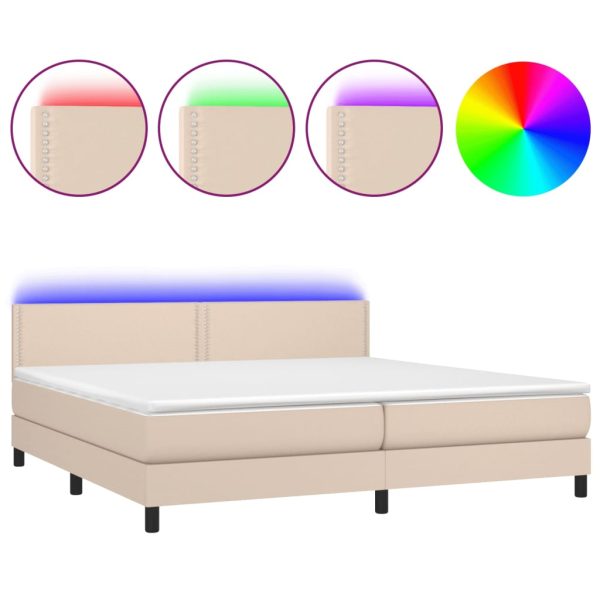 Pat cu arcuri, cu saltea și LED cappuccino 200×200 cm piele eco