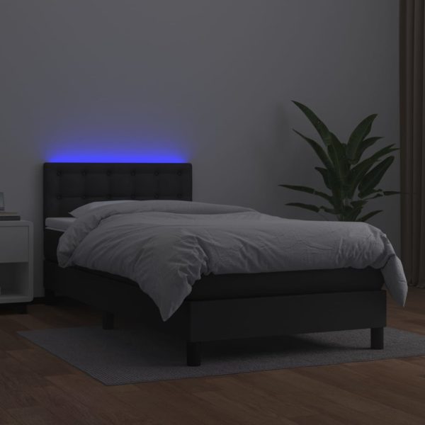 Pat cu arcuri, saltea și LED, negru, 90×190 cm, piele ecologică