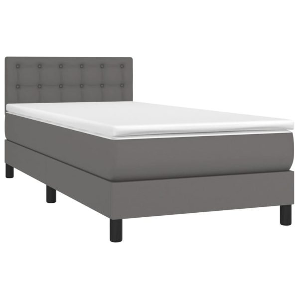 Pat cu arcuri, saltea și LED, gri, 90×200 cm, piele ecologică