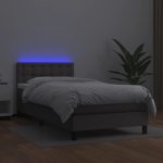 Pat cu arcuri, saltea și LED, gri, 90×200 cm, piele ecologică