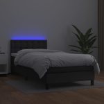 Pat cu arcuri, saltea și LED, negru, 100x200cm, piele ecologică