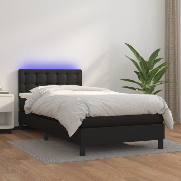 Pat cu arcuri, saltea și LED, negru, 100x200cm, piele ecologică