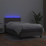 Pat cu arcuri, saltea și LED, gri, 100×200 cm, piele ecologică