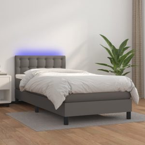 Pat cu arcuri, saltea și LED, gri, 100×200 cm, piele ecologică