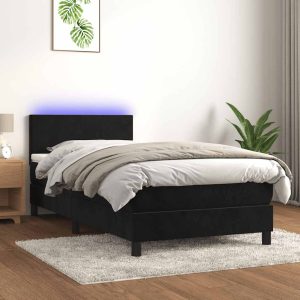 Pat continental cu saltea și LED, negru, 80×200 cm, catifea