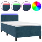 Pat continental cu saltea&LED albastru închis 80×200 cm catifea