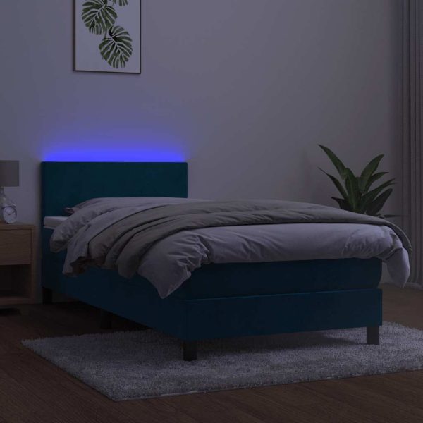 Pat continental cu saltea&LED albastru închis 80×200 cm catifea